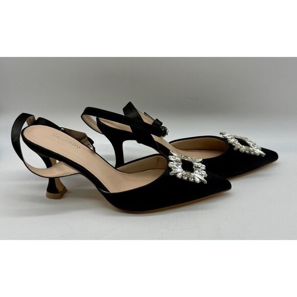 Women's Size 7.5 Black Pointed Toe Rhinestone Slingback Heals Adjustable Strap - Picture 4 of 10
